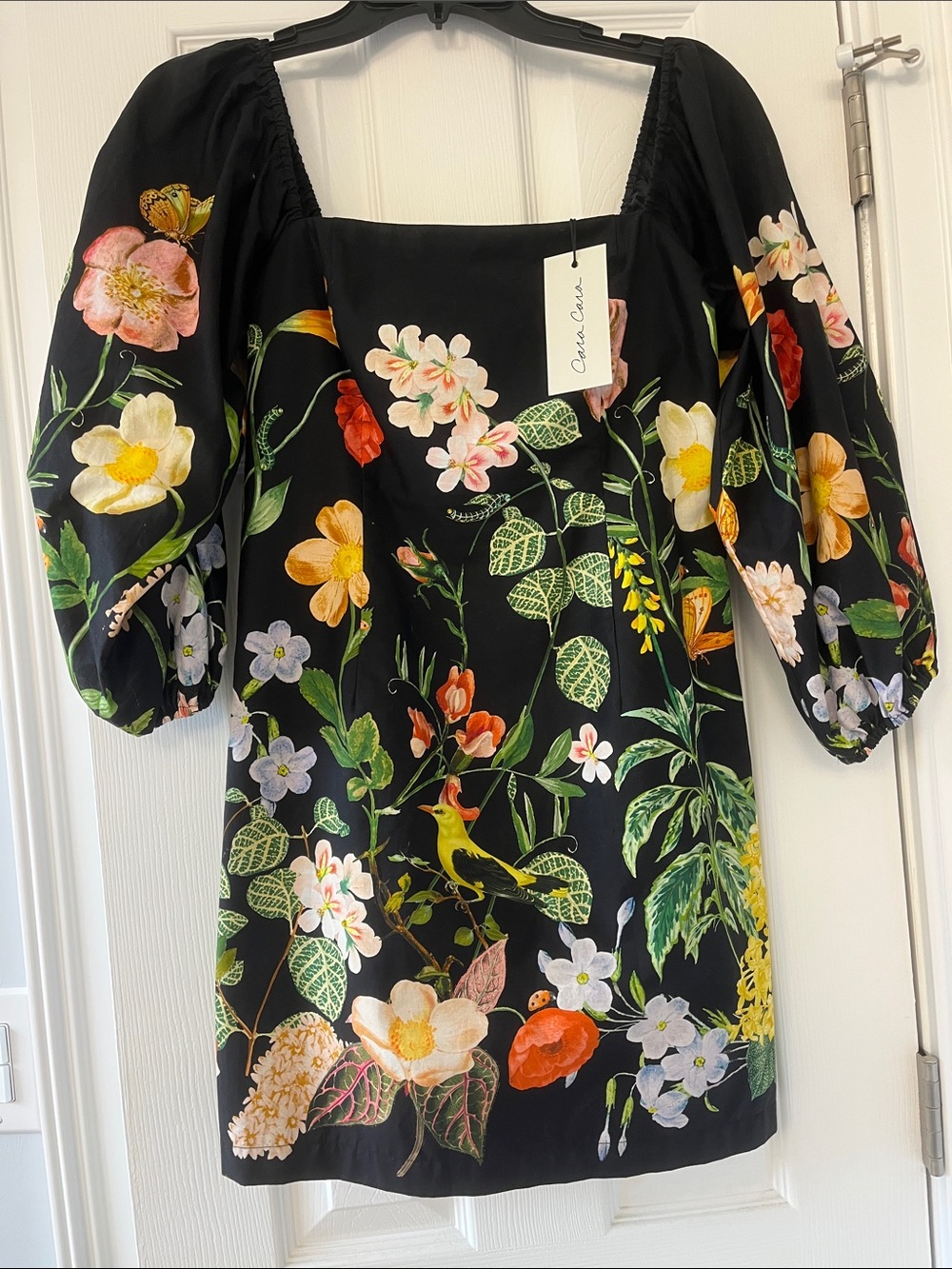 Cara Cara Black Floral Square-Neck Puff-Sleeve Mini Dress